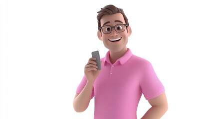 3D Cartoon of a cheerful middle aged man in a pink shirt with glasses standing and chatting on a mobile phone against a white background