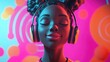 © VirtualVista - African American woman enjoying a fitness routine with headphones on vibrant backdrop enhancing her relaxed and motivated workout atmosphere