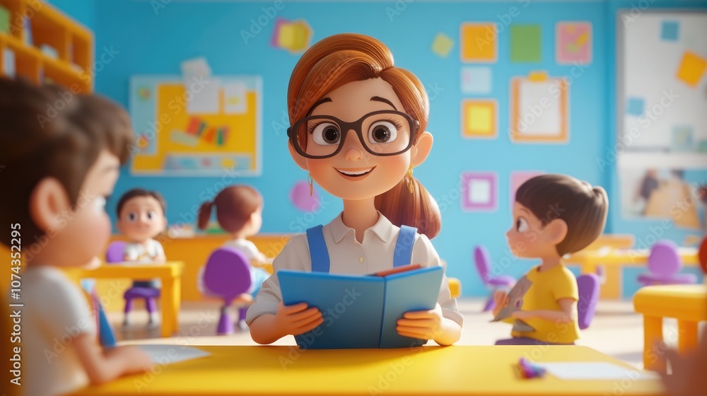 3D cartoon woman teacher helping kids in a colorful classroom Fun ...