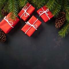 Wall Mural - Top view of Christmas red gift boxes, fir tree branches and pine cones, Christmas black background with copy space