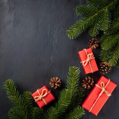 Wall Mural - Top view of Christmas red gift boxes, fir tree branches and pine cones, Christmas black background with copy space