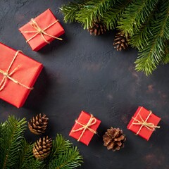 Wall Mural - Top view of Christmas red gift boxes, fir tree branches and pine cones, Christmas black background with copy space