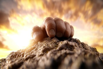  A person's hand on top of a rock with the sun setting in the background