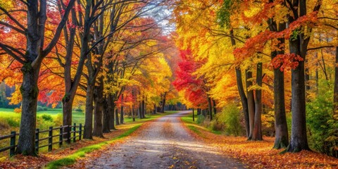  Vertical shot of a path with colorful trees on both sides in a beautiful autumn landscape, autumn, foliage, vibrant, colorful