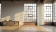 © Sharif54 - An empty room with a large window, wooden floor, and brick walls.