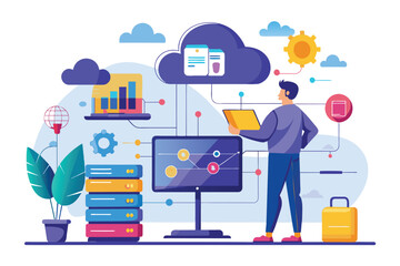 a man studies a cloud computing diagram while engaging with technology tools in a creative workspace