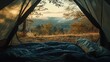 © Postproduction - View from inside tent showing serene morning landscape. Peaceful camping morning.