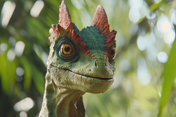 Wall Mural - Close-up of a Green and Red Dinosaur-like Creature with Large Eyes