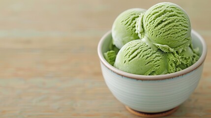 Wall Mural - Organic matcha dessert. A bowl holds three scoops of green ice cream, showcasing a smooth, creamy texture against a rustic wooden backdrop.