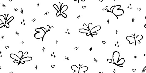 Seamless pattern with handdrrawn butterflies. Contour drawn cute moth insect background. Doodle scribble hearts and butterfly, children style drawing. Nature classy vector repeating monochrome patern.