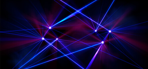 Wall Mural - laser show display with bright neon light beams crossing in geometric patterns on black background. 