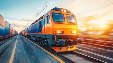 Vibrant train in motion under golden sunset, showcasing transportation power.