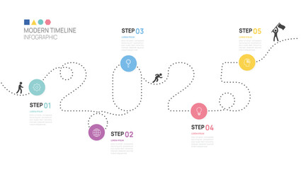Wall Mural - ladder business infographic 5 steps timeline journey to success growth template. 2025 line process d