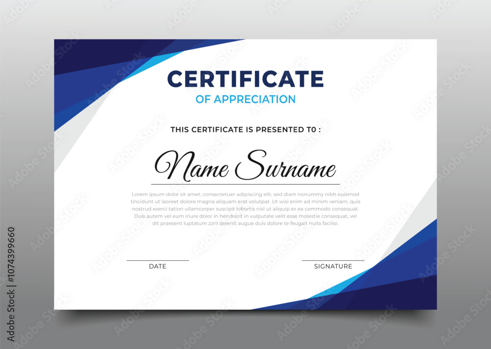 Business certificate template design with modern geometric blue ...