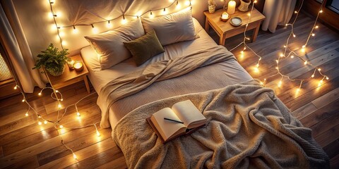 Wall Mural - Serene Cozy Bedroom with Open Book on Bed Surrounded by Soft String Lights and Flickering Candles for Tranquil Evening Vibes