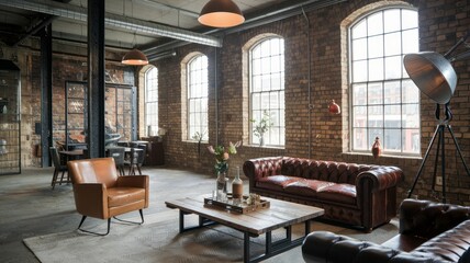 Canvas Print - Chic Industrial-Style Loft with Exposed Brick Walls, Vintage Leather Furniture, and Urban Loft Aesthetics