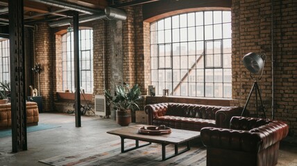 Canvas Print - Chic Industrial-Style Loft with Exposed Brick Walls, Vintage Leather Furniture, and Urban Loft Aesthetics