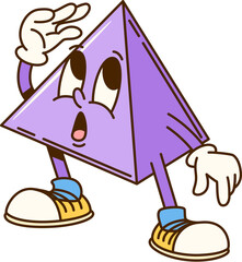 Poster - Groovy math geometric pyramid figure character. Isolated cartoon vector playful and lively educational shape personage wearing hippie sneakers and showing fun, mischievous or surprised expression