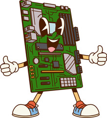 Poster - Groovy computer motherboard character. Isolated cartoon vector vintage nostalgic processor personage with chips, cheerful face and retro sneakers giving thumbs-up, exuding playful and tech-savvy vibe