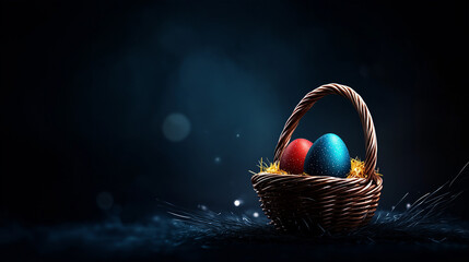 Wall Mural - Wicker basket with blue and red Easter eggs on dark background, copy space