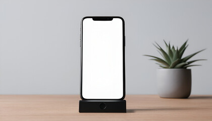 technology advertisements phone with blank white screen on the floor in empty room, copy space, space for text and design, 