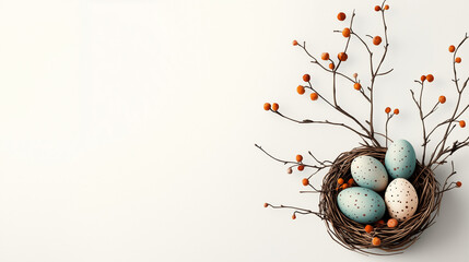 Wall Mural - Easter egg nest with branches and berries on white, copy space