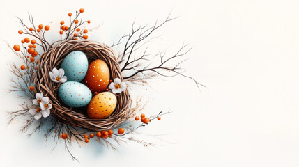 Wall Mural - Easter nest with colorful eggs and branches on white backdrop, copy space