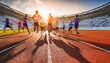 © Rahmat  - Blurred group of runners on racetrack for background. ai generative