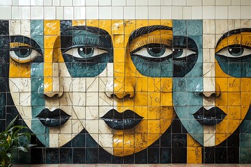 Wall Mural - Artistic mosaic portraying a woman's face with colorful tiles.