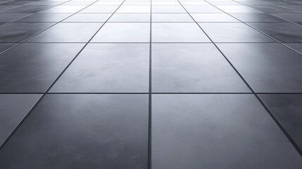 Wall Mural - A close-up view of a gray tiled floor, with a slight perspective, giving a sense of depth and an empty space.