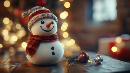 Wall Mural - A cheerful snowman wearing a knitted hat and scarf sits on a wooden table with Christmas ornaments, ready to spread holiday cheer.