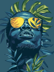 Wall Mural - face in sunglasses and palm leaves. Vector illustration.