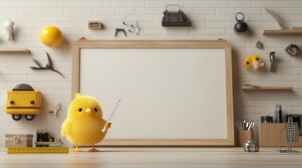 Poster - cute yellow chick holding ruler in creative workspace with tools and blank canvas. scene is playful and inviting, perfect for artistic inspiration