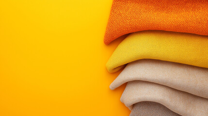 Poster - Vibrant fabric swatches in orange, yellow, and beige stacked against bright yellow background, showcasing texture and color