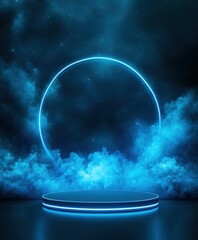 Ethereal blue glowing stage with a circular light and misty atmosphere at night