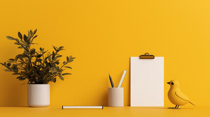 Aufkleber - vibrant workspace featuring yellow background, plant, stationery, and cute chick. scene is cheerful and inviting, perfect for creative inspiration