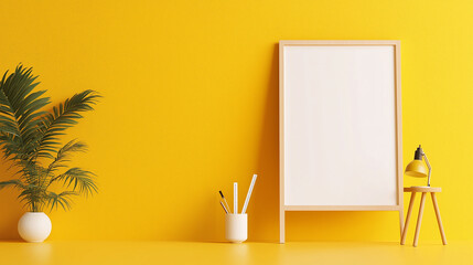 Aufkleber - bright and cheerful interior scene featuring yellow wall, blank frame, potted plant, and stylish lamp on wooden table. This vibrant setup is perfect for creative inspiration