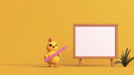 Poster - adorable illustration of little chick holding ruler next to blank frame, set against bright yellow background. This cheerful scene evokes sense of playfulness and creativity
