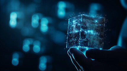Fototapete - person holding glowing digital cube, representing technology and innovation. background features abstract blue lights, enhancing futuristic theme