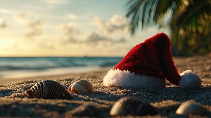 Wall Mural - santa hat on beach, seashells, sunset, tropical paradise atmosphere.