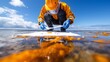 © Alpha - An oil spill site showing a scientist observing the effects of bioremediation on the shoreline, with charts and analysis boards spread around