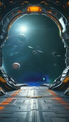 Wall Mural - A futuristic spaceship viewport reveals a breathtaking view of a distant planet and its moons, set against a backdrop of stars.