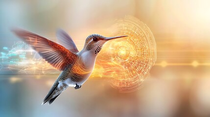 Imagine a mesmerizing digital representation of a hummingbird whirling through a neon colored landscape