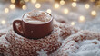 © Oksana - Cozy winter scene with mug of hot chocolate with whipped cream,wrapped soft scarf surrounded by snow and holiday decorations.Winter New Year background for projects with Christmas and holiday themes