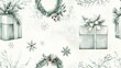 © TYNQ - Watercolor winter seamless pattern with presents, snowflakes, and greenery.