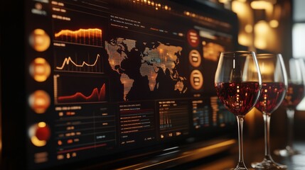 A modern workspace featuring a sleek monitor displaying data visualizations and global maps, alongside elegant glasses of red wine.