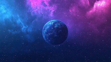 Wall Mural - A Blue Planet in a Starry Night with Pink Nebulae