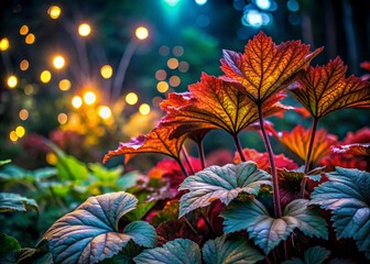 Sticker - Captivating Night Photography of Red and Green Ligularia Leaves Illuminated by Moonlight, Showcasing the Beauty of Nature's Foliage in a Serene Garden Setting