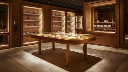 Wall Mural - 19. a luxury retail space with a wooden display table, spotlighting an empty area for a product