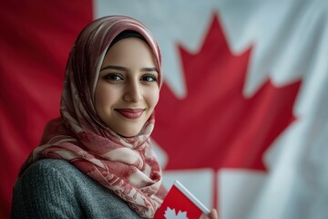 Smiling woman in hijab holding Canadian flag.